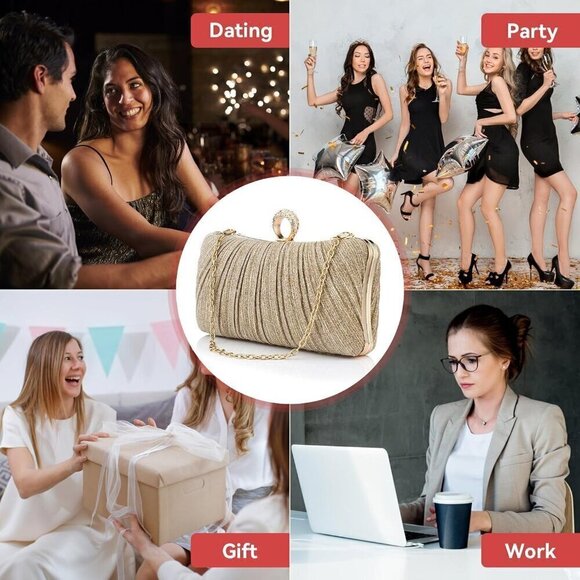 Women Gold Pleated Clutch  Lady  Handbag - Picture 3 of 9